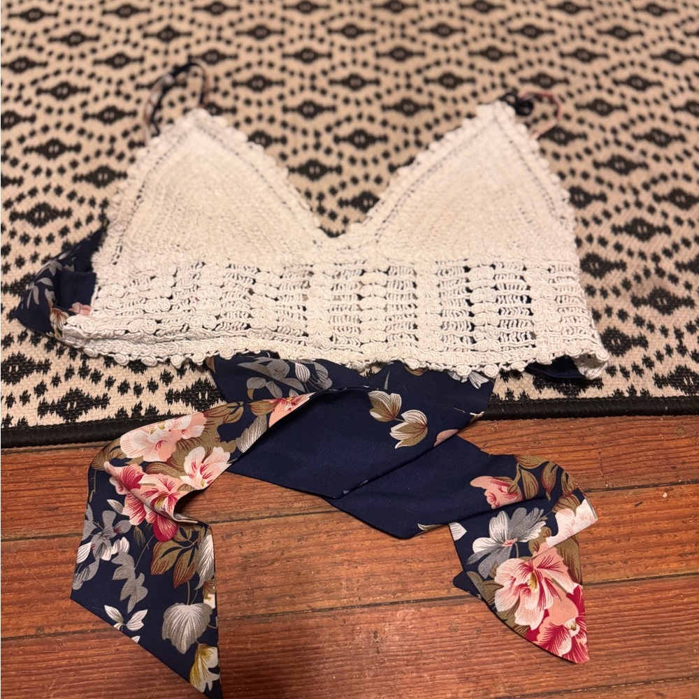 Crochet Lace Bralette with Floral tie back cropped